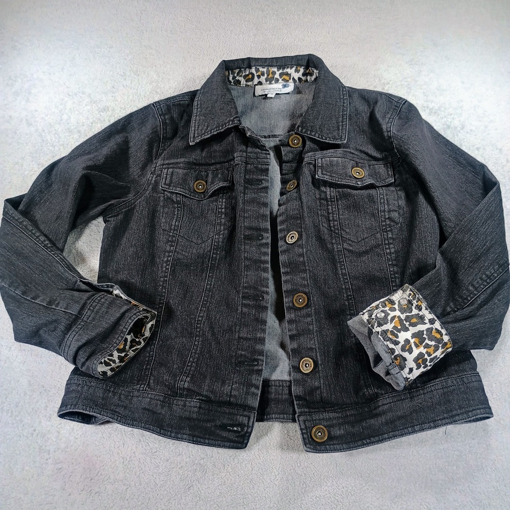 Completely Me Liz Lange Womens Denim Jacket Black 8 Leopard Print Trim
